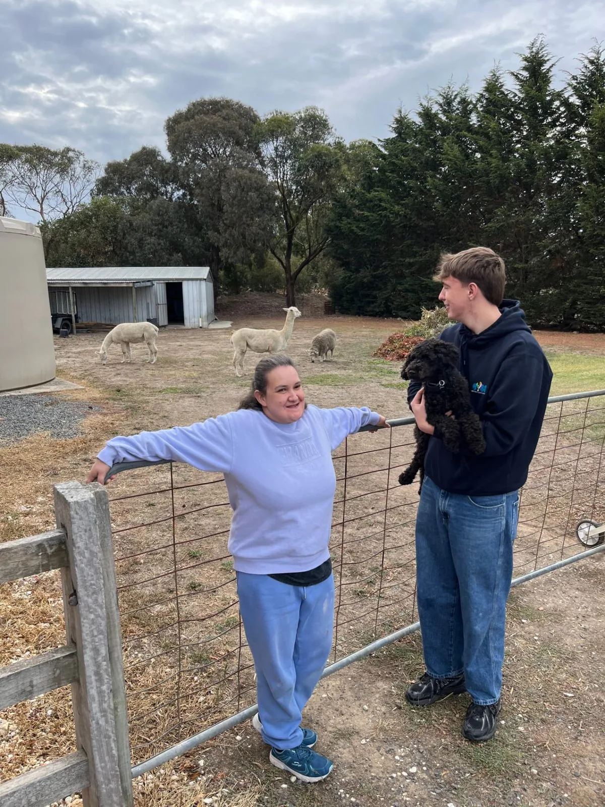 Participant and support worker chatting by the fence with a puppy and alpacas behind them